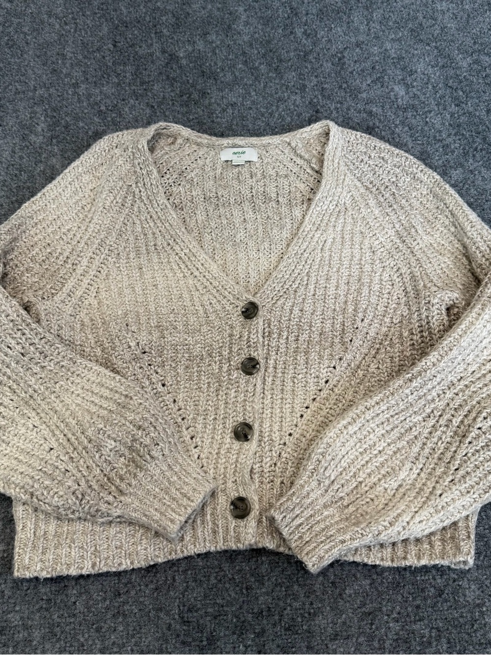aerie Beige/Cream Chunky V-Neck Button Cardigan